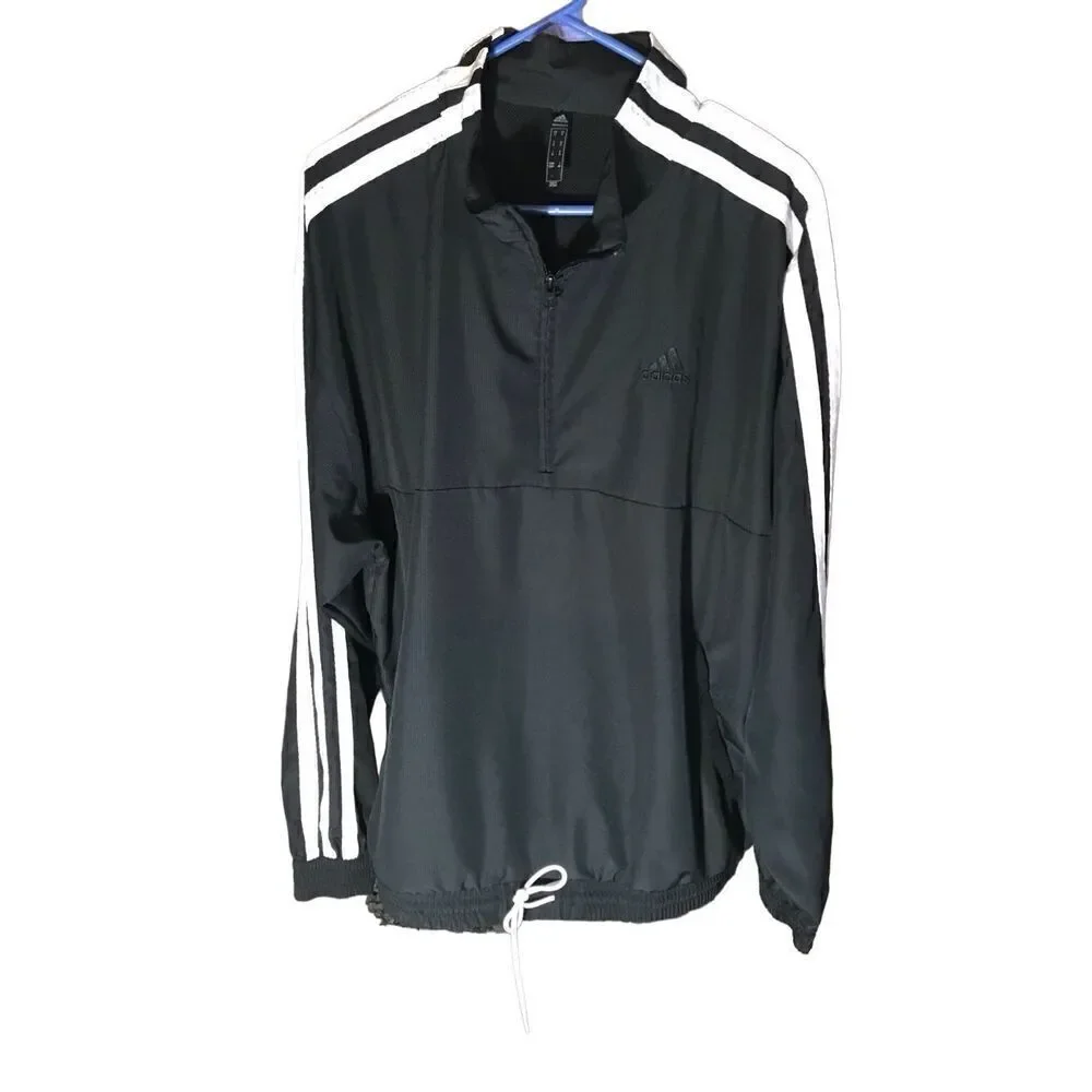 Adidas mens Size Large Tall LT 1/4 zip pullover black windbreaker vented stripe